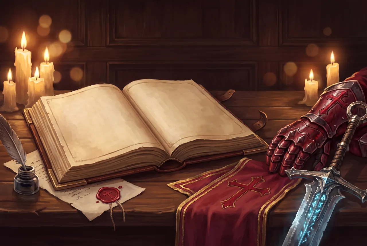 Arte conceitual: livro aberto à luz de velas, selo de cera com a cruz, estandarte carmim e a manopla e o espadão do Guerreiro