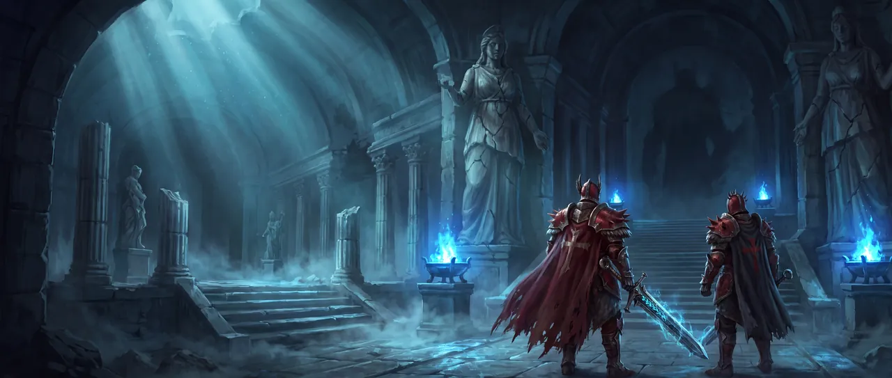 Arte conceitual: dois Guerreiros de armadura vermelha, de costas, na entrada de um templo em ruínas iluminado por braseiros azuis