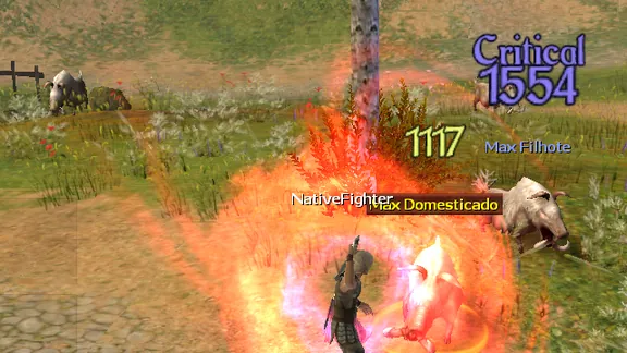 Captura real: o Limite Brutal explode em fogo em volta do Guerreiro, com um crítico de 1554 num Max Domesticado